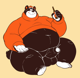5_toes anthro balls belly_tuft big_balls big_penis black_body black_fur bodily_fluids bottle bottomless buried_penis clothed clothing container dripping erection eyebrows feet foreskin fupa fur genital_fluids genitals glans half-closed_eyes hat headgear headwear holding_object male mascot narrowed_eyes navel obese obese_male orange_clothing orange_sweater orange_topwear overweight overweight_male pawpads penis precum precum_drip round_ears short_tail smile soles solo sweater tail thick_eyebrows thick_penis thick_thighs toes topwear tuft vein veiny_penis white_pawpads manlyster a&w rooty_the_great_root_bear bear mammal 2025 full-length_portrait hi_res portrait