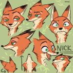 anthro bodily_fluids cheek_tuft dipstick_ears ear_markings facial_tuft fur green_background green_eyes looking_up multicolored_ears neck_tuft open_mouth open_smile orange_body orange_fur simple_background smile solo sweat sweatdrop tuft 327b_(artist) disney zootopia nick_wilde canid canine fox mammal red_fox true_fox 1:1