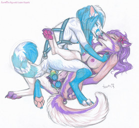 accessory anatomically_correct anatomically_correct_genitalia anatomically_correct_vulva animal_genitalia animal_vulva anthro anus blue_body blue_fur blue_hair bodily_fluids breasts canine_genitalia canine_vulva dildo double_dildo duo eyes_closed female female/female flower flower_in_hair fur genital_fluids genitals hair hair_accessory harness kissing lying nipples nude on_back penetration plant purple_body purple_fur purple_hair sex sex_toy spread_legs spreading text vaginal vaginal_fluids vulva white_body white_fur toots canid canine canis domestic_dog ghost husky mammal nordic_sled_dog spirit spitz 2013 url