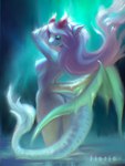 anthro aurora_(phenomenon) barely_visible_butt biped blue_body blue_tail female female_anthro green_wings hair horn iridescent iridescent_body iridescent_breasts iridescent_ears iridescent_wings looking_back looking_pleasured multicolored_body nipples pink_hair purple_eyes purple_horn smile solo tail wings flerie mythology dragon mythological_creature mythological_scalie scalie 3:4