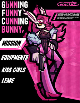 anthro black_outline clothing cuffs_(clothing) female footwear fur_scarf gameplay_mechanics gun hair hand_on_hip handgun high_heels legwear leotard light_body long_hair menu_screen outline pink_clothing pink_footwear pink_hair pink_high_heels pink_legwear pistol ranged_weapon shoes solo straps text thick_outline trigger_discipline user_interface weapon winged_eyeliner yellow_sclera cococrab lagomorph leporid mammal rabbit 2026 aliasing digital_media_(artwork) english_text hi_res signature