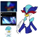1:1 ambiguous_gender anthro arm_tuft avian based_on_leaked_content beak bird blue_body blue_eyes blue_feathers blurred_character colored elbow_tuft facial_markings feather_hair feathers flat_colors forehead_markings generation_9_pokemon head_markings hi_res markings nintendo pokemon pokemon_(species) pseudo_clothing pseudo_hair pseudo_hat pupils quaquaval quaxly red_markings shoulder_tuft signature simple_background solo tuft vallibite3.0 white_background white_body white_feathers white_pupils