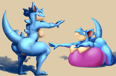 anthro ball big_breasts breasts exercise exercise_ball female nipples non-mammal_nipples nude solo honhearthy nintendo pokemon generation_1_pokemon nidoqueen pokemon_(species) hi_res