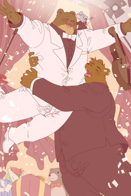 anthro blush bottomwear bow_tie clothing detailed_background eyes_closed group hug kemono male male/male musical_instrument open_mouth pants shirt suit topwear ham_won_art ernest_and_celestine bolero_(ernest_and_celestine) ernest_(ernest_and_celestine) bear mammal mouse murid murine rodent 2025 2:3 hi_res