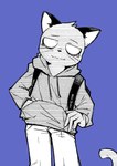 5_fingers anthro backpack blue_background bottomwear clothing fingers happy hoodie leaning male pants simple_background solo tail topwear otamin odd_taxi hajime_tanaka_(odd_taxi) domestic_cat felid feline felis mammal 2022 hi_res