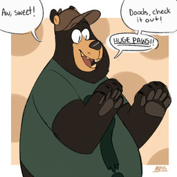 alternate_species anthro belly biped black_body black_fur black_nose clothing fur furrification hat headgear headwear implied_transformation overweight paws shirt solo text topwear genotter disney gravity_falls soos_ramirez american_black_bear bear black_bear mammal ursine 1:1 2015 english_text