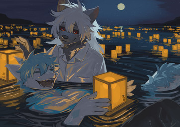 anthro black_sclera clothed clothed_anthro clothed_male clothing duo eyes_closed fully_clothed fully_clothed_anthro fully_clothed_male fur hair horn lamp lantern male male_anthro night partially_submerged red_eyes smile swimming topless topless_anthro topless_male uniform water white_hair kun_blackcat mythology canid dragon furred_dragon furred_scalie mammal mythological_creature mythological_scalie scalie absurd_res hi_res