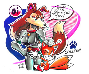 2_tails anthro armor breasts clothing collar dialogue duo female gloves hair handwear long_hair male multi_tail simple_background speech_bubble tail text oldheaded road_rovers sega sonic_the_hedgehog_(series) colleen_(road_rovers) miles_prower 2025 english_text