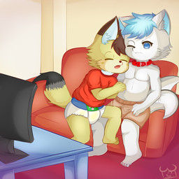 anthro biped blue_eyes clothed clothing collar diaper duo electronics eyes_closed furniture inside male shota sofa table television wearing_diaper young young_anthro young_male choki canid canine fox mammal 1:1 2019 absurd_res hi_res