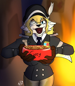 anthro bowl chaos clothing container dog_tags eye_patch eyelashes eyewear female fire fur glasses hair hat headgear headwear long_hair military military_cap military_hat military_uniform pet_food solo uniform yellow_body yellow_fur canid canine canis domestic_dog mammal hi_res