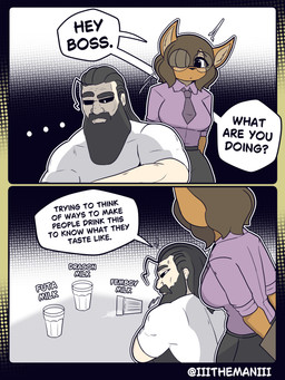 accessory anthro beard bodily_fluids bottomwear breasts brown_body brown_eyes brown_fur brown_hair clothed clothing dialogue duo eyebrows eyewear facial_hair female fur glasses grey_hair hair male milk mustache necktie open_mouth pants shirt speech_bubble text thinking topwear white_clothing white_shirt white_topwear the_man jane_(the_man) the_man_(character) deer human mammal 2026 3:4 absurd_res comic english_text hi_res