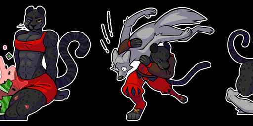 anthro duo female food fruit headpat judo melon melon_crush plant pounce squish telegram_sticker thigh_squish watermelon workout_gear fetishame ych_(character) felid jaguar leopard mammal pantherine hi_res long_image wide_image