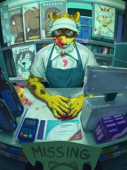 666 anthro apron blood bodily_fluids book bottle burger cashier clothing container digital_card_reader employee_of_the_month first_person_view food fur gore hat headgear headwear horror_(theme) licking licking_lips licking_own_lips male markings missing_sign poster predator/prey red_eyes solo spots spotted_body spotted_fur store tongue tongue_out yellow_body yellow_fur elmichimh three_wise_monkeys felid leopard mammal pantherine 3:4 hi_res