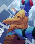 anthro black_body black_fur blue_body blue_fur butt clothing electronics fur hair looking_back male phone public red_hair scarf solo sweater topwear rinzy rinzy_(character) mammal procyonid raccoon 4:5