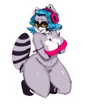 anthro big_breasts breasts collar electronics eyewear female genitals glasses headphones highlights_(coloring) overweight pose pussy simple_background slightly_chubby smile solo thick_thighs jishwalob joshi_raccoon lynraccoon mammal procyonid raccoon hi_res pinup