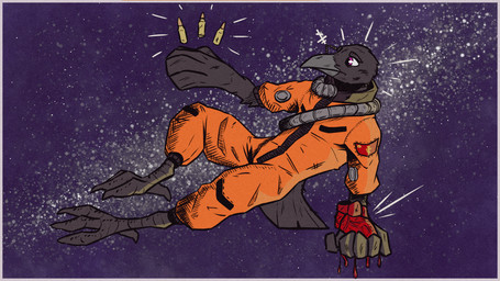 ammunition anthro astronaut beak black_body black_feathers bullet clothed clothed_anthro clothed_male clothing eyebrows feathers fictional_flag heart_(organ) holding_organ male markings organs purple_eyes russian solo soviet_union space spacesuit tail tail_feathers mawkvlt orthodox_christianity izaan_raysmith_(mawkvlt) avian bird corvid corvus_(genus) crow oscine passerine 16:9 english_description widescreen