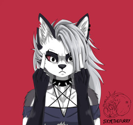 angry clothing female fur solo white_body white_fur allartskye hellaverse helluva_boss mythology loona_(helluva_boss) canid canid_demon canine demon hellhound mammal mythological_canine mythological_creature hi_res