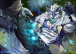 anthro biped black_nose blue_body blue_eyes blue_fur bulge clothed clothing detailed_background fur group hair male multicolored_body multicolored_fur muscular muscular_male offscreen_character plant solo_focus tree two_tone_body two_tone_fur white_body white_fur white_hair booboo34 gyee yang_(gyee) canid canine canis mammal wolf absurd_res hi_res signature