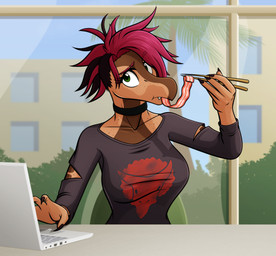 5_fingers anthro bacon big_breasts black_hair breasts brown_body brown_scales choker chopsticks claws computer eating eating_food electronics eyelashes female finger_claws fingers food freckled_face freckles green_eyes hair inside jewelry laptop looking_at_viewer magenta_hair meat multicolored_body multicolored_hair multicolored_scales necklace non-mammal_breasts scales sitting snaggle_tooth snout solo two_tone_body two_tone_hair two_tone_scales janacantdraw devlog:_a_post-modern_college_experience rebecca_(devlog) dinosaur dromaeosaurid microraptor prehistoric_species reptile scalie theropod 2025 absurd_res digital_drawing_(artwork) digital_media_(artwork) hi_res