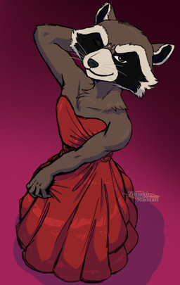 anthro brown_body brown_fur clothed clothing crossdressing dress fur male one_eye_closed simple_background smile solo whiskers wink zimakum guardians_of_the_galaxy marvel rocket_raccoon mammal procyonid raccoon absurd_res colored_sketch hi_res sketch
