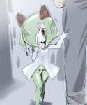 blush duo eating female green_hair hair navel not_furry open_mouth red_eyes text young mizo_ne nintendo pokemon generation_3_pokemon human humanoid kirlia mammal pokemon_(species) digital_media_(artwork) japanese_text sketch