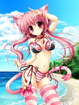alternative_fashion bangle bell big_eyes bikini blush bracelet breasts clothed clothing cloud collar detailed_background female front_view hair j-fashion jewelry leash legwear long_hair looking_at_viewer navel outside pink_eyes pink_hair skimpy sky smile solo stripes swimwear tail thigh_highs two-piece_swimsuit water kamiya_tomoe animal_humanoid cat_humanoid felid felid_humanoid feline feline_humanoid humanoid mammal mammal_humanoid 3:4 hi_res