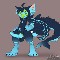 anthro balls blue_body blue_penis button_(fastener) button_eyes claws finger_claws fur genitals green_eyes hair knot knotted_penis looking_at_viewer male nude penile penis plushie shark_tail simple_background smile solo standing tail toe_claws zipper zipper_mouth sockodrawing animate_inanimate fluffshie living_plushie absurd_res digital_media_(artwork) hi_res