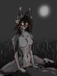 anthro black_hair blood blush bodily_fluids duo female glowing glowing_eyes grainy hair male male/female nightmare_fuel sex yeehaw alfredorunt canid canine canis coyote coywolf domestic_dog husky hybrid mammal nordic_sled_dog spitz wolf wolfdog 2023 3:4 digital_drawing_(artwork) digital_media_(artwork) hi_res