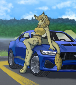 anthro big_breasts breasts car clothing crop_top female fur leaning_on_car looking_at_viewer markings neck_tuft outside shirt solo spots spotted_body spotted_fur tail tail_tuft topwear tuft vehicle wool_(fur) kennedy_oz the_nature_of_predators sheva_(frogman) venlil_(the_nature_of_predators) hi_res