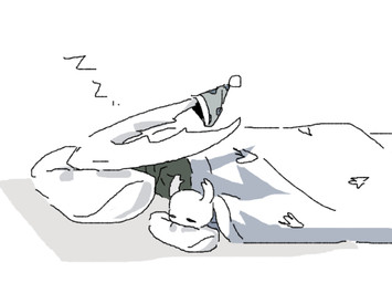 2_horns ambiguous_gender bedding blanket clothing duo eyes_closed horn larger_ambiguous lying on_front pillow size_difference sleeping smaller_ambiguous sound_effects vowelless vowelless_sound_effect zzz du_dang hollow_knight_(franchise) team_cherry hollow_knight_(character) the_knight_(hollow_knight) arthropod vessel_(species) 2019 sibling_(lore)