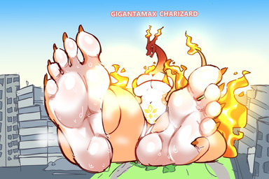 5_toes anthro barefoot big_breasts bikini bodily_fluids breasts claws clothing feet female fire foot_fetish foot_focus horn humanoid_feet looking_at_viewer macro navel open_mouth orange_body plantigrade smile soles solo sweat sweaty_feet swimwear tail text thick_thighs toes two-piece_swimsuit fundacionpata mythology nintendo pokemon dragon generation_8_pokemon gigantamax_charizard gigantamax_pokemon mythological_creature mythological_scalie pokemon_(species) scalie 3:2 digital_media_(artwork) hi_res