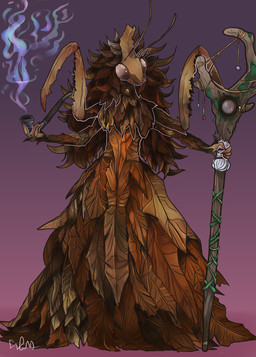 antennae_(anatomy) anthro big_dress choker clothed clothing dress female holding_object holding_pipe holding_staff jewelry leaf leaves_in_hair leaves_on_arms leaves_on_body looking_offscreen magic_staff mandibles mantis_arms multi_limb necklace pose simple_background smoke smoking smoking_pipe solo staff text ssleepyflowers arthropod insect mantis english_text hi_res