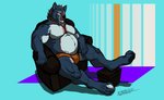 anthro belly belly_markings belly_tattoo black_markings black_tattoo blue_body blue_eyes blue_fur brown_body brown_fur bulge chair digitigrade fur furniture hair looking_at_another male markings muscular muscular_anthro muscular_male number number_tattoo orange_hair orange_markings relaxing sitting solo tattoo fullbodywolf ypsilon canid canine canis mammal wolf absurd_res hi_res sketch