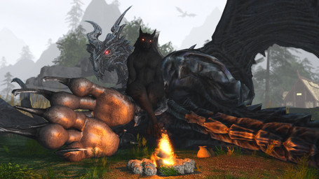 3_toes ambiguous_gender anthro big_feet black_body black_fur black_scales black_wings campfire claws crossed_legs curved_horn duo feet feral fire foot_focus fur glowing glowing_eyes grass hindpaw horn looking_at_viewer lying on_side outside paws plant red_eyes scales sitting_on_another tail thick_thighs toe_claws toes wings willie_piv bethesda_game_studios european_mythology microsoft mythology skyrim the_elder_scrolls alduin skyrim_werewolf canid canine dragon mammal mythological_canine mythological_creature mythological_scalie scalie werecanid werecanine werecreature werewolf western_dragon wyvern 2025 3d_(artwork) digital_media_(artwork) hi_res widescreen male_(lore)