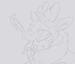 antlers boop disembodied_hand female feral fluffy fluffy_chest ghost_hand horn mouth_play nose_boop open_mouth solo tongue tongue_out pinky_bestia them's_fightin'_herds velvet_reindeer_(tfh) deer mammal new_world_deer reindeer digital_media_(artwork) hi_res line_art monochrome