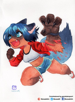 anthro biped blue_eyes blue_hair bottomwear bra brown_body brown_fur clothed clothing dipstick_tail dolphin_shorts female fluffy fluffy_tail footwear fur hair markings midriff navel open_mouth shoes shorts simple_background smile sneakers solo sports_bra tail tail_markings topwear track_jacket underwear white_background murazaki brand_new_animal studio_trigger michiru_kagemori canid canine mammal raccoon_dog tanuki 2021 absurd_res hi_res painting_(artwork) traditional_media_(artwork) traditional_painting_(artwork) traditional_watercolor_(artwork) watercolor_(artwork)