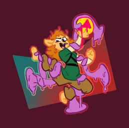 ambiguous_gender barefoot blush bottomwear brown_bottomwear brown_clothing brown_pants clothed clothing feet fight fist fur green_clothing green_shirt green_topwear hair messy_hair orange_hair oversized_bottomwear oversized_clothing oversized_pants pants shirt solo suspension tan_body tan_fur tentacles topwear undershirt sofia_drawsmore komava felid lion mammal pantherine hi_res