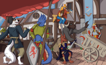 anthro banner barrel bazaar cart city detailed_background fantasy female gesture group male market medieval melee_weapon merchant shield street sword tail talking_to_another waving weapon lordofnothin1 european_mythology greek_mythology mythology avian bird bovid bovine canid canine canis domestic_cat domestic_dog dragon felid feline felis kobold lizard lizardman mammal minotaur mythological_creature mythological_scalie reptile scalie hi_res shaded
