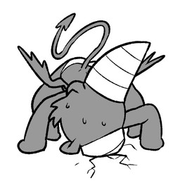2_horns all_fours anthro black_body black_fur black_tail black_tuft black_wings bodily_fluids clothing cracked_ground featureless_feet featureless_hands feet female female_anthro floppy_ears fur head_tuft horn long_ears lop_ears membrane_(anatomy) membranous_wings panties simple_background solo spade_tail stuck sweat tail tuft underwear white_background white_clothing white_horn white_panties white_underwear wings o-den bibi_(o-den) demon succubus 2026 digital_media_(artwork) low_res monochrome