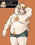 anthro armpit_hair belly blonde_hair body_hair briefs chest_hair clothing eyewear facial_hair fur glasses hair hairy happy_trail horn male navel overweight solo text underwear white_body white_fur chridderg undertale undertale_(series) asriel_dreemurr bovid caprine goat mammal english_text hi_res