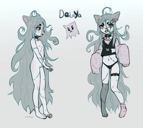 adolescent anthro blush bodily_fluids breasts clothed clothing collar female footwear genitals hair legwear loli long_hair looking_at_viewer nipples nude open_mouth panties paws saliva simple_background size_difference small_breasts smaller_female socks solo standing stockings surgical_suture tongue tongue_out underwear vulva young young_anthro chloeelaw domestic_cat felid feline felis ghost mammal spirit digital_media_(artwork) hi_res model_sheet