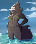 anthro bikini black_body black_fur black_scales black_sclera blue_eyes bone breasts clothed clothing cloud day eyebrows eyelashes female fur green_bikini green_clothing green_swimwear hands_on_hips happy looking_at_viewer medium_breasts navel open_mouth open_smile outside partially_submerged ruff scales skull skull_head smile solo standing swimwear tail teeth thick_thighs three-quarter_view two-piece_swimsuit titanogoro cc-by-nc creative_commons unknown_species 2023 absurd_res aliasing binary_drawing cel_shading digital_drawing_(artwork) digital_media_(artwork) hi_res portrait shaded three-quarter_portrait