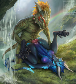anthro aroused biped black_body black_scales blonde_hair blue_eyes blue_markings bodily_fluids breasts claws clitoral clitoris curled_tail duo erection female forest gem genital_fluids genitals glowing glowing_markings green_eyes hair heart_symbol high-angle_view horn horn_jewelry jewelry lying male male/female markings nipples non-mammal_breasts nude on_back penetration penis pink_vulva plant playful precum pussyjob rainbow rubbing scales sex slide slim smile smirk spread_legs spread_vulva spreading tail teasing tongue tongue_out tree vaginal vaginal_fluids vaginal_penetration vulva waterfall wet yellow_eyes conditional_dnp myakoda microsoft mythology the_elder_scrolls nidhoggr_(glowingspirit) raksy_viridis_(raksyviridis) argonian dragon mythological_creature mythological_scalie scalie hi_res