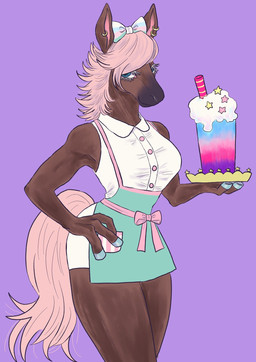accessory anthro apron beverage blue_eyes blue_nails bottomwear bow_(feature) bow_accessory bow_ribbon breasts brown_body brown_fur clothed clothing colored_nails container cup dress ear_piercing ear_ring eyeshadow facial_markings female fingers food front_view fur hair hair_accessory hair_bow hair_ribbon hand_on_hip head_markings holding_object hooved_fingers hooves looking_at_viewer makeup markings muzzle_(marking) nails piercing pink_eyeshadow pink_hair purple_background ribbons ring_piercing shirt simple_background smile solo standing tail topwear waiter white_clothing kyokyota animal_crossing nintendo reneigh_(animal_crossing) equid equine horse mammal 2020 digital_media_(artwork) hi_res portrait three-quarter_portrait