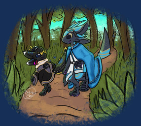 anthro black_body black_feathers black_poncho black_scutes blue_body blue_cloak blue_clothing blue_eyes blue_feathers blue_markings cloak clothing coat embroidered_clothing eye_contact eyewear feather_ear_ring feather_hair feathers female forest forest_background freckles goggles grass large_pupils looking_at_another markings nature nature_background no_sclera path plant poncho pseudo_hair scarf scutes smile smiling_at_another smiling_at_each_other speckled_body speckles tall_grass topwear trail tree walking walking_together white_clothing white_coat white_freckles white_markings white_scarf white_speckles white_topwear yellow_eyes yellow_freckles yellow_markings yellow_speckles keiko_shard eili_(k'braid) hetuni avali hi_res signature