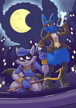 3_toes 4_fingers 5_fingers anthro belt black_body black_fur black_nose blue_body bone brown_eyes building cane clothed clothing cloud destruction duo feet fingers fist_bump fur gesture gloves grey_body grey_fur handwear hat headgear headwear holding_bone holding_object jacket male mask moon multicolored_body multicolored_fur night red_eyes skyscraper smile spikes spikes_(anatomy) toes topwear luchosfactory nintendo pokemon sly_cooper_(series) sony_corporation sony_interactive_entertainment sucker_punch_productions sly_cooper generation_4_pokemon lucario mammal pokemon_(species) procyonid raccoon crossover hi_res