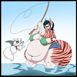 anthro belly big_belly big_breasts black_border black_hair blue_eyes border bottomwear bow_tie breasts clothing deep_navel duo female fishing_rod fur hair male navel obese obese_anthro obese_female open_mouth overweight overweight_anthro overweight_female shark_fin shorts striped_body striped_fur stripes teeth thick_thighs topwear water wet white_body white_fur white_hair deonwolf deon_(deonwolf) fran_(aluriandkya) aquatic canid canine canis cetacean fennec_fox fox hybrid mammal true_fox whale wolf 1:1 2020 digital_media_(artwork) hi_res