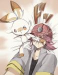 ambiguous_gender armor duo feral gym_leader headgear helmet kick male simple_background shitsuwa nintendo pokemon roark_(pokemon) generation_8_pokemon human lagomorph mammal pokemon_(species) scorbunny 2019 hi_res