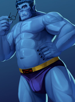 abs anthro blue_body blue_eyes blue_fur briefs bulge clothing eyewear facial_hair fur glasses low-angle_view male muscular muscular_anthro muscular_male navel pecs sideburns smile solo superhero underwear ribbions marvel x-men beast_(marvel) humanoid absurd_res hi_res