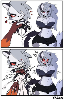 angry anthro big_breasts bodily_fluids breasts clothed clothing collar cum cum_drip dripping duo excessive_cum excessive_genital_fluids female fur genital_fluids genitals hair heart_symbol huge_breasts male male/female nipples plushie plushophilia red_sclera sex_doll simple_background solo_focus tail thick_thighs topwear vulva white_body white_fur conditional_dnp yazen disney hellaverse helluva_boss mythology zootopia loona_(helluva_boss) nick_wilde canid canid_demon canine demon fox hellhound mammal mythological_canine mythological_creature red_fox true_fox comic digital_media_(artwork) hi_res